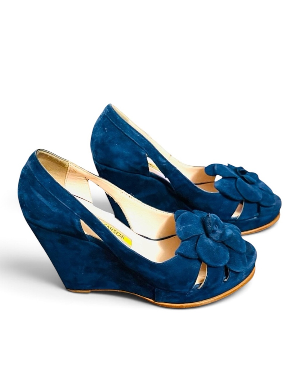 Manas Lea Foscati Blue Suede Floral Wedge Heels Made in Italy Size 6